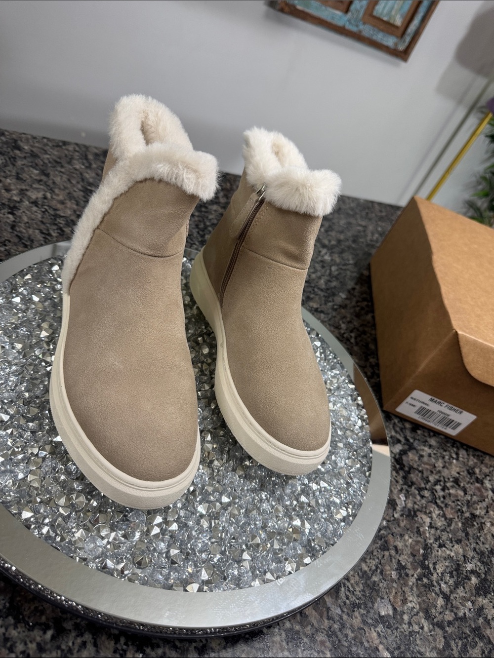Marc Fisher Foggie Taupe Suede and faux fur Trim Ankle Boots NEW 7.5 - Picture 14 of 14